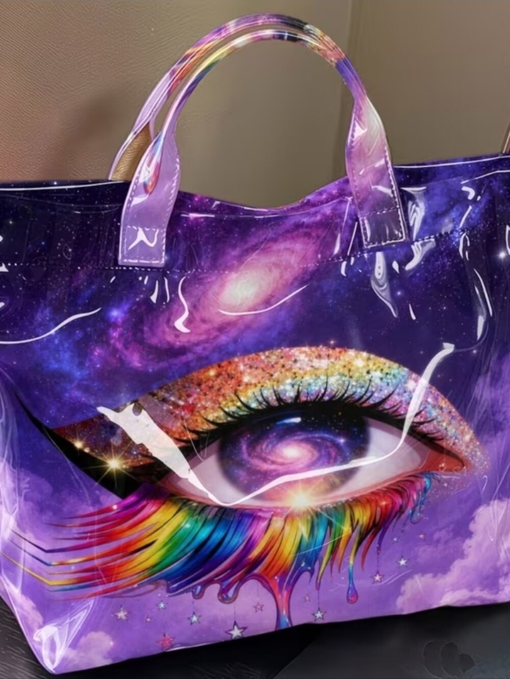 Starry Sky Glitter Eye Raainbow Tote Big Bag Mysterious Purple